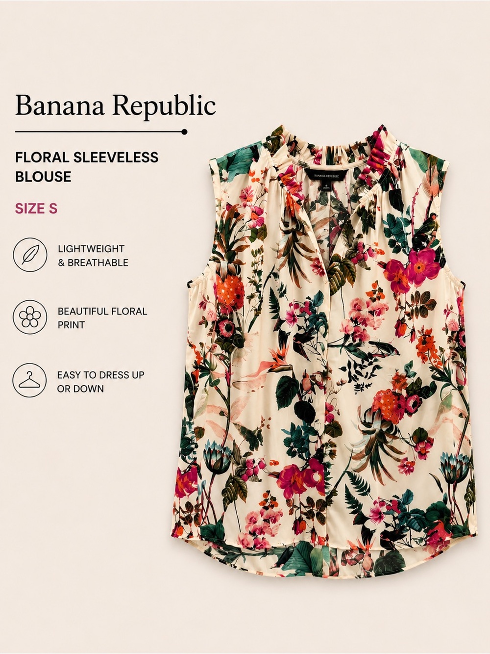 Banana Republic Floral Sleeveless V-Neck Top - Pink, Green Size Small